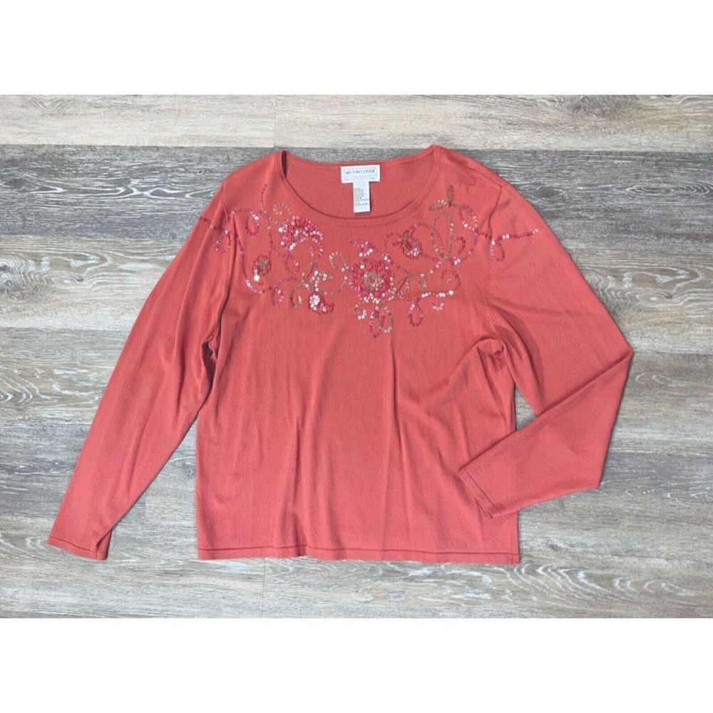 Victor Costa Occasion Sz L Orange/Pink Beaded Sequin Sweater Knit Top Womens